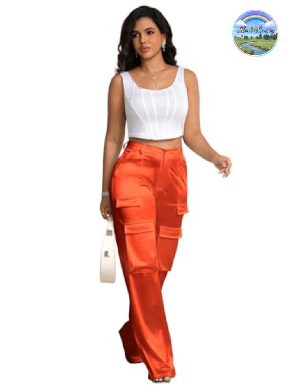 High Waist Wide Leg Satin Cargo Pants for Women Party